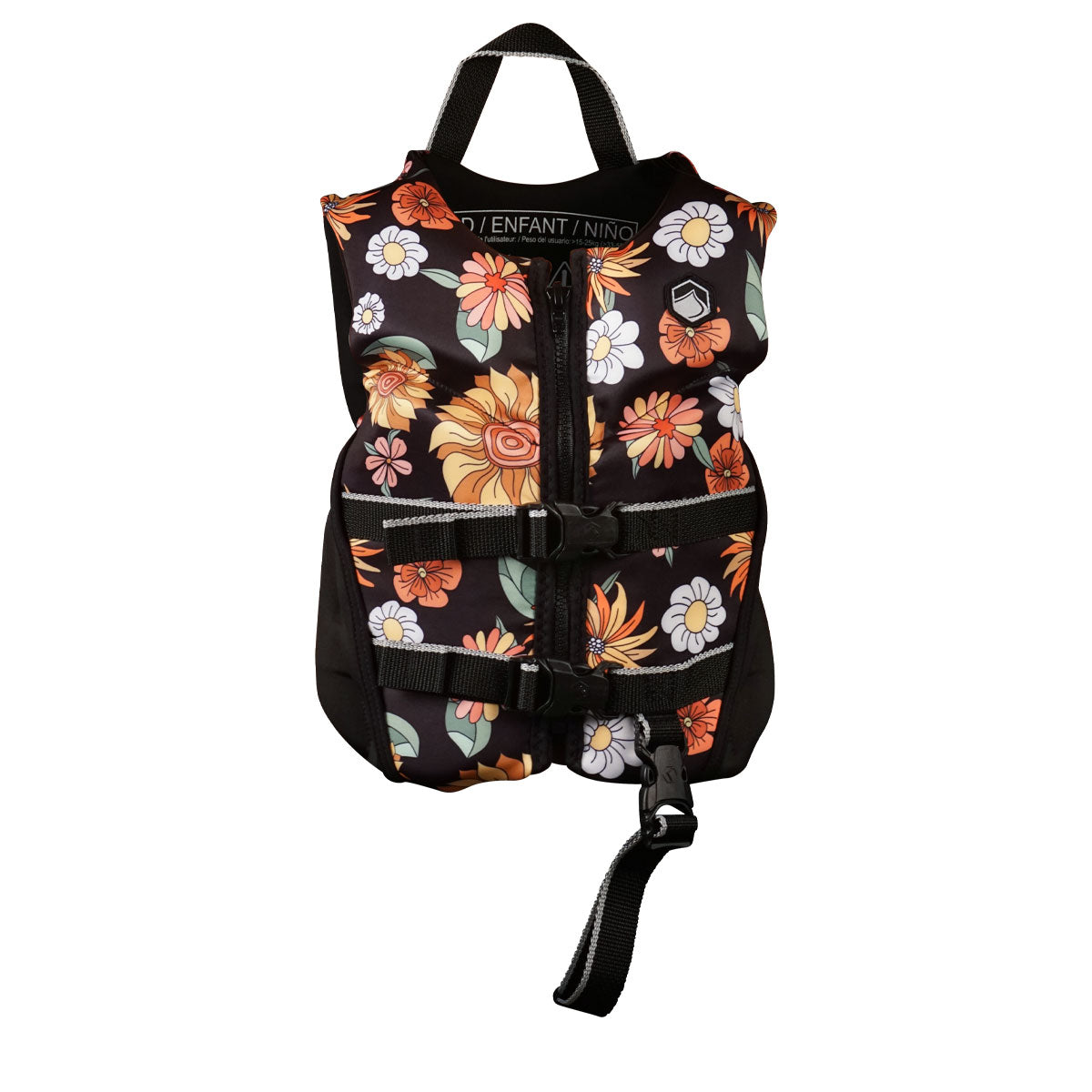 Front view of Dream Child CGA life jacket with floral pattern, black straps, and buckle.