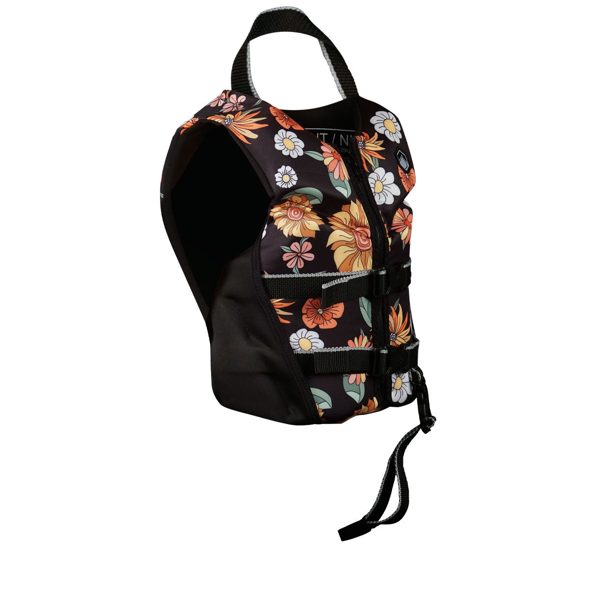 Front angled view of Floral Dream Child CGA life jacket with black straps and trim.