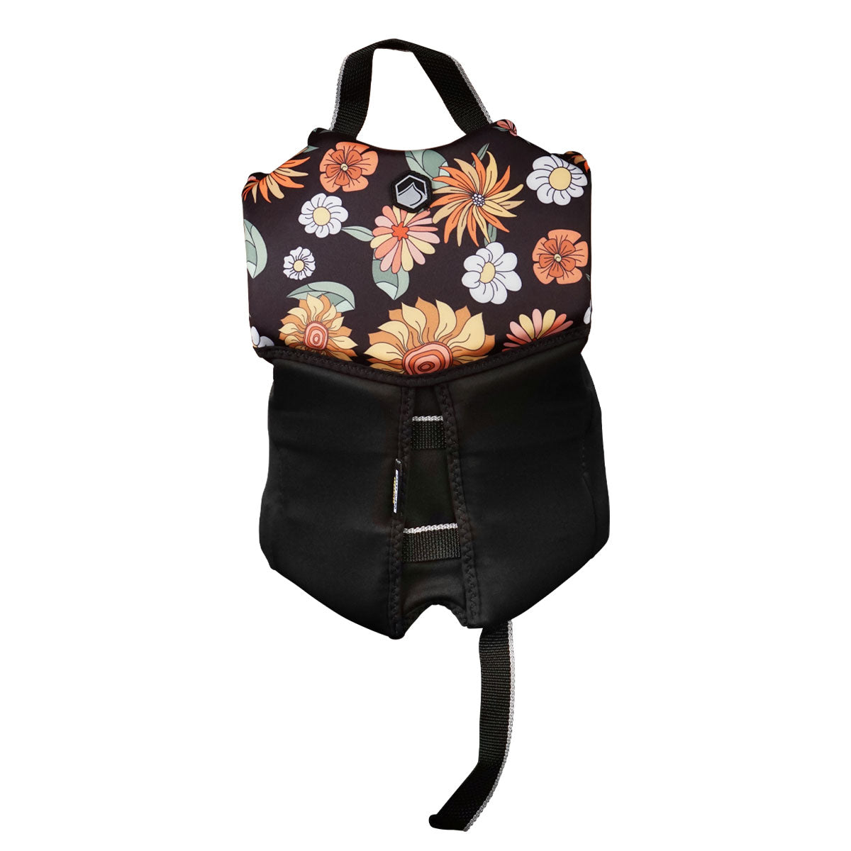 Rear view of Dream Child CGA black &amp; floral dog buoyancy aid with top handle.
