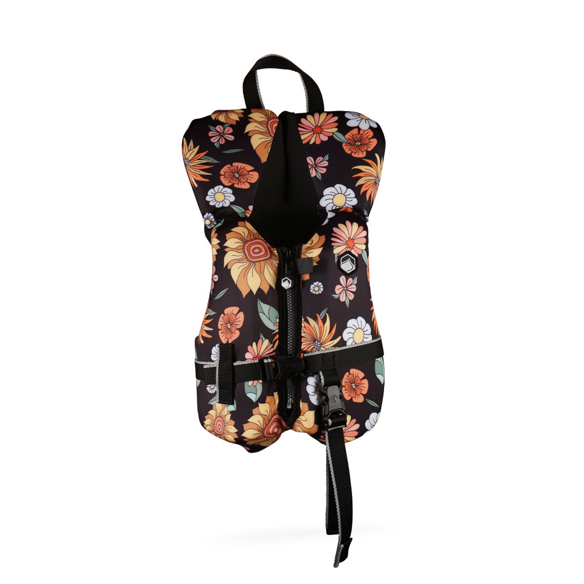 Front view of Floral Dream Infant CGA life jacket with straps and top handle.