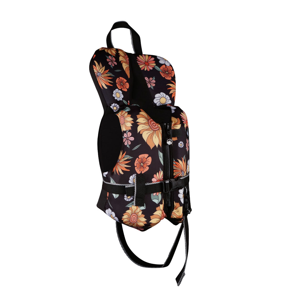 Front view of Floral Dream Infant CGA life jacket with straps and top handle.