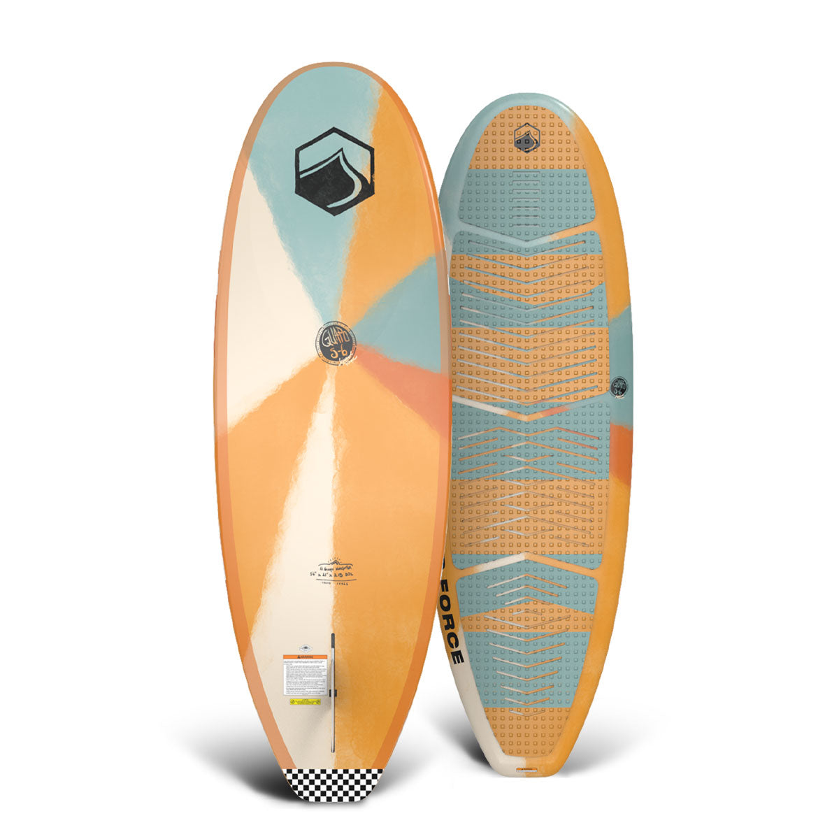 Top and bottom view of Liquid Force wakesurf board feature an abstract orange, blue, and white design.