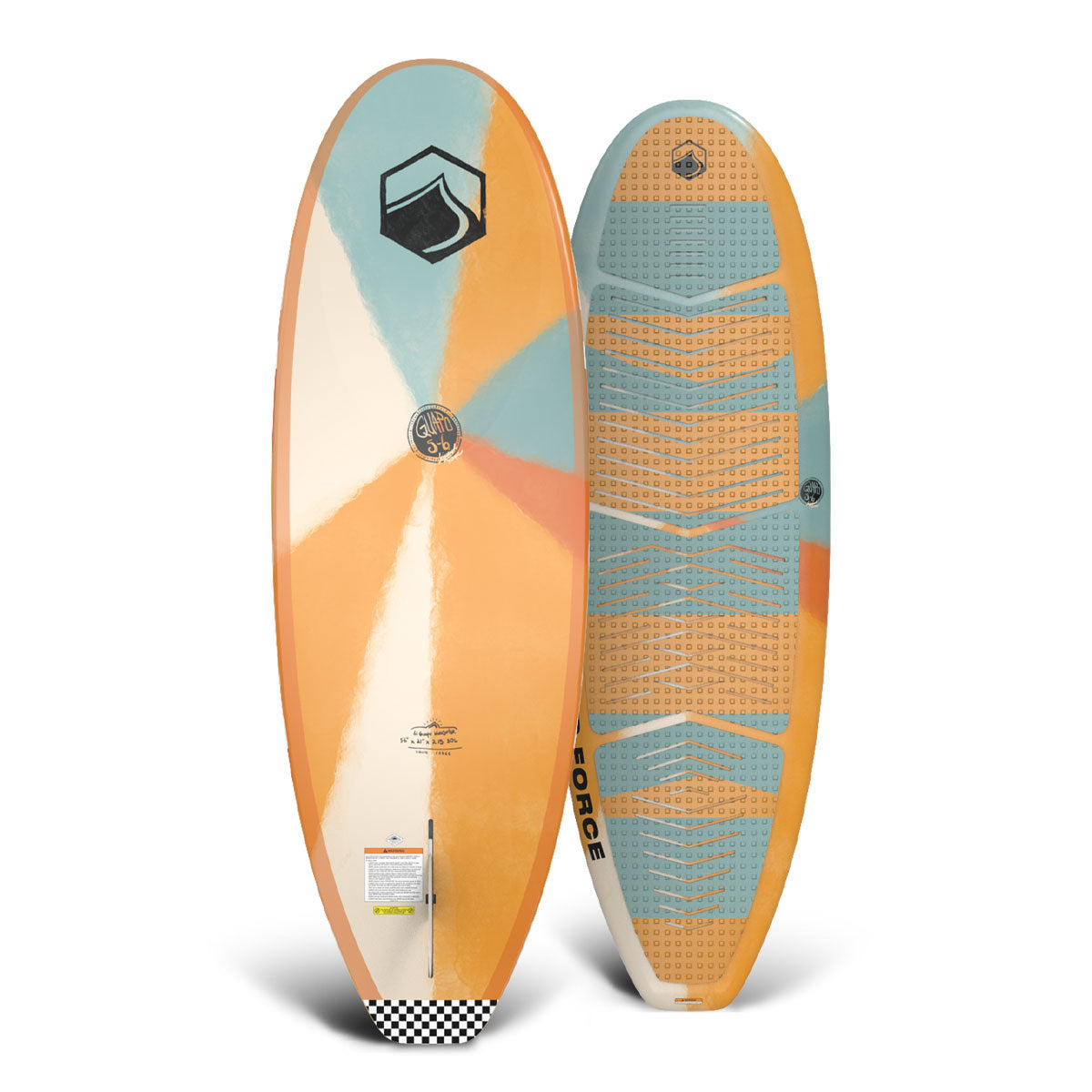 Top and bottom view of wake surfboard with geometric designs on a white background.