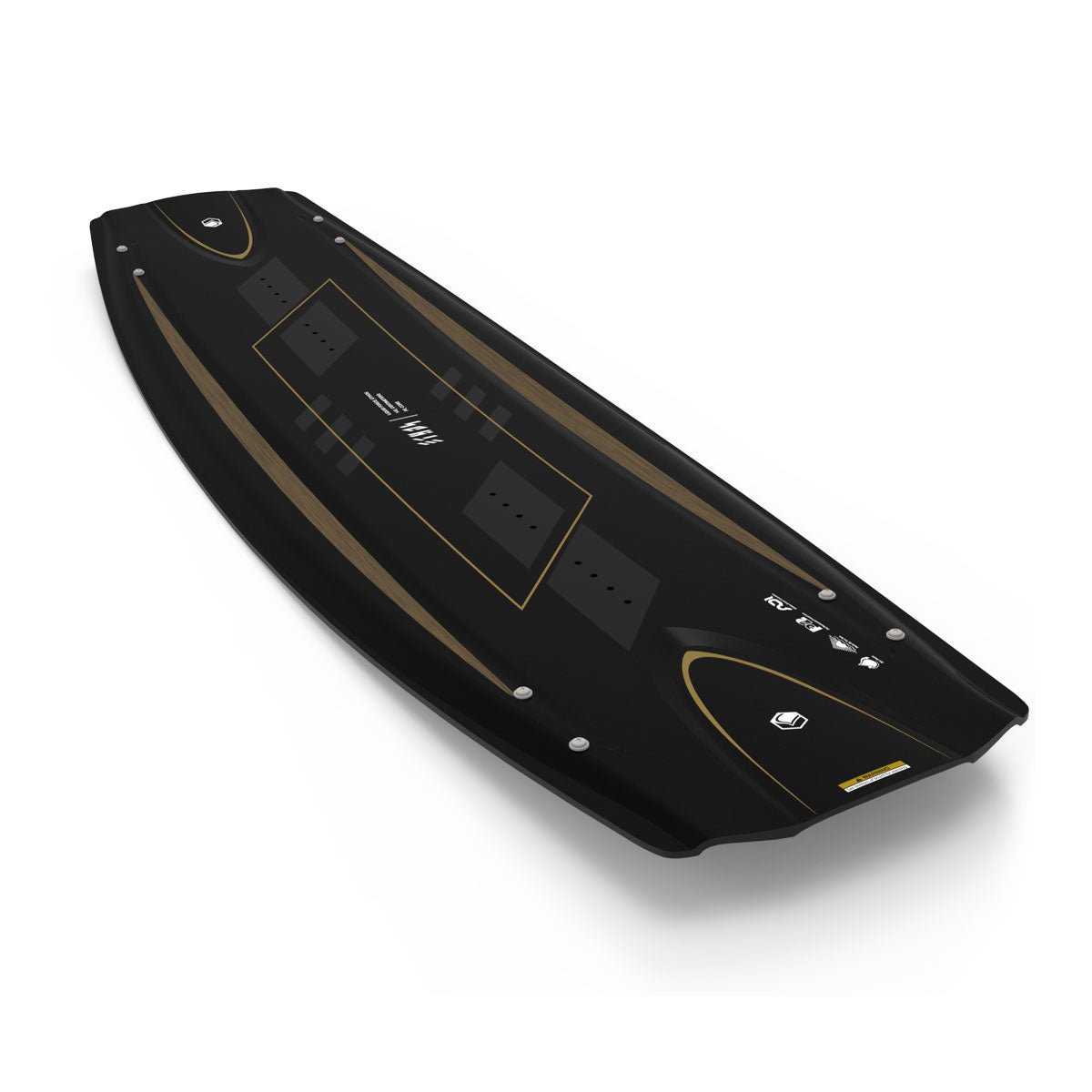 Top and bottom view of Liquid Force Ethos wakeboard in black with yellow accents and logo, shown front and back.