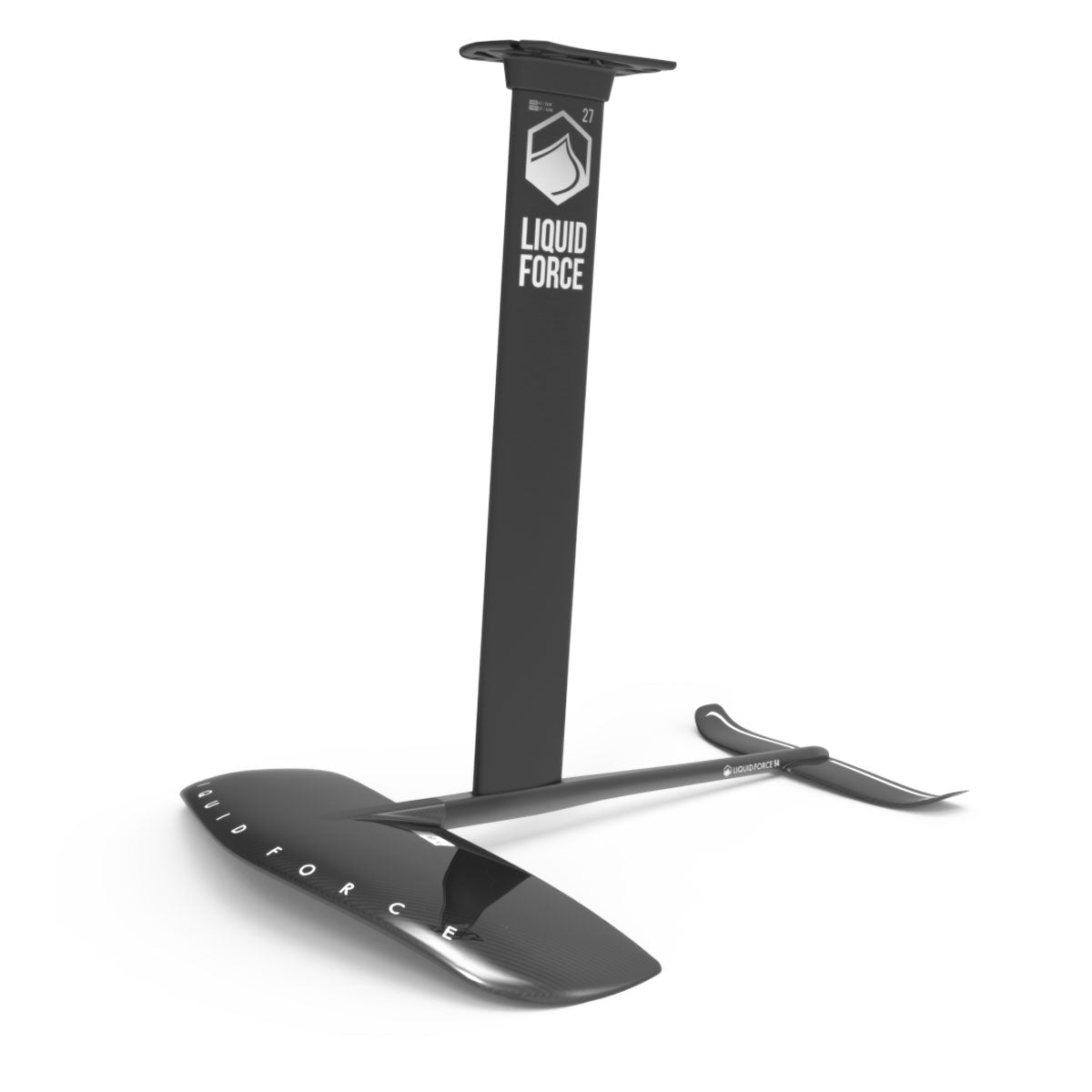 Front angled view of black Liquid Force Flite 120 hydrofoil set on a white background.