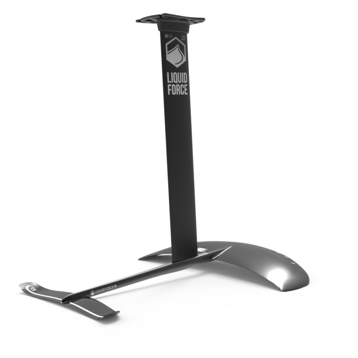 Front angled view of black Liquid Force Flite 120 hydrofoil set on a white background.