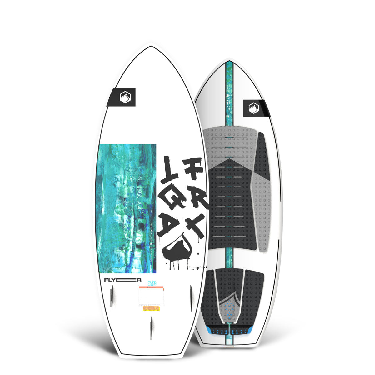 Top and bottom view of Wakesurf board with abstract designs, shown front/back.