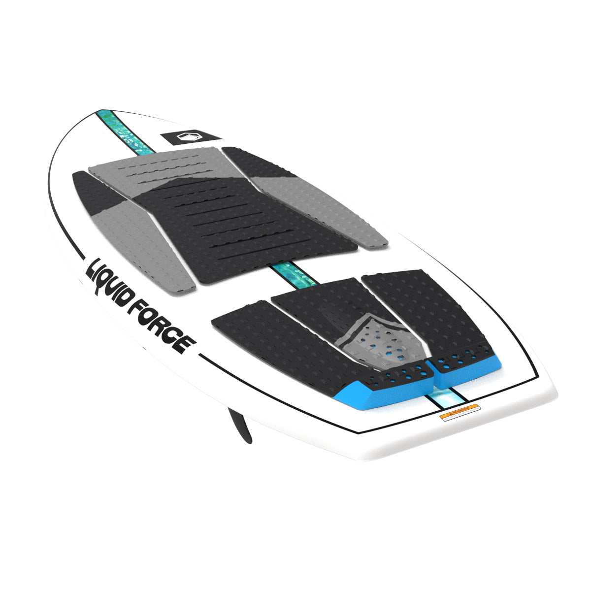 Top and bottom view of Wakesurf board with abstract designs, shown front/back.