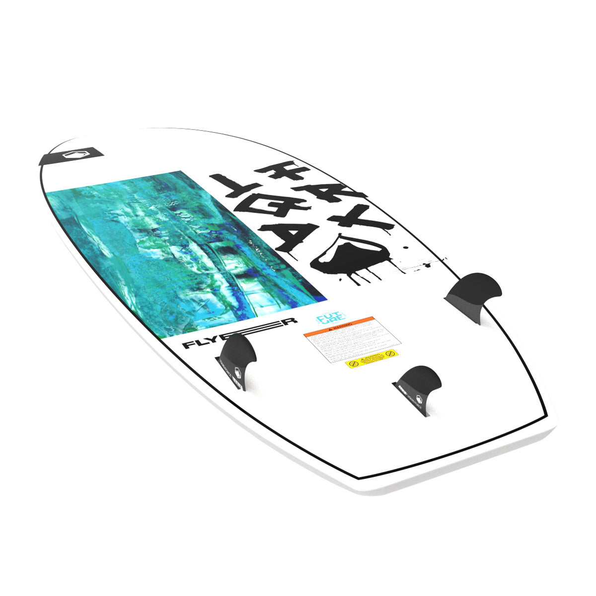 White wakesurf board with colorful graphics &amp; three black fins.