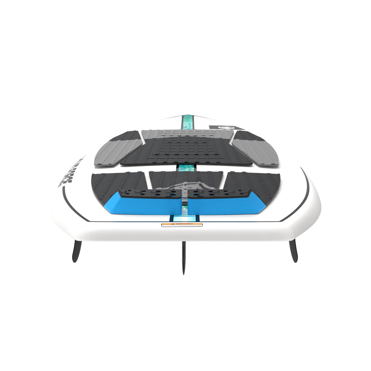 Wakesurfer featuring white with black, blue, gray foot pads, and three fins.