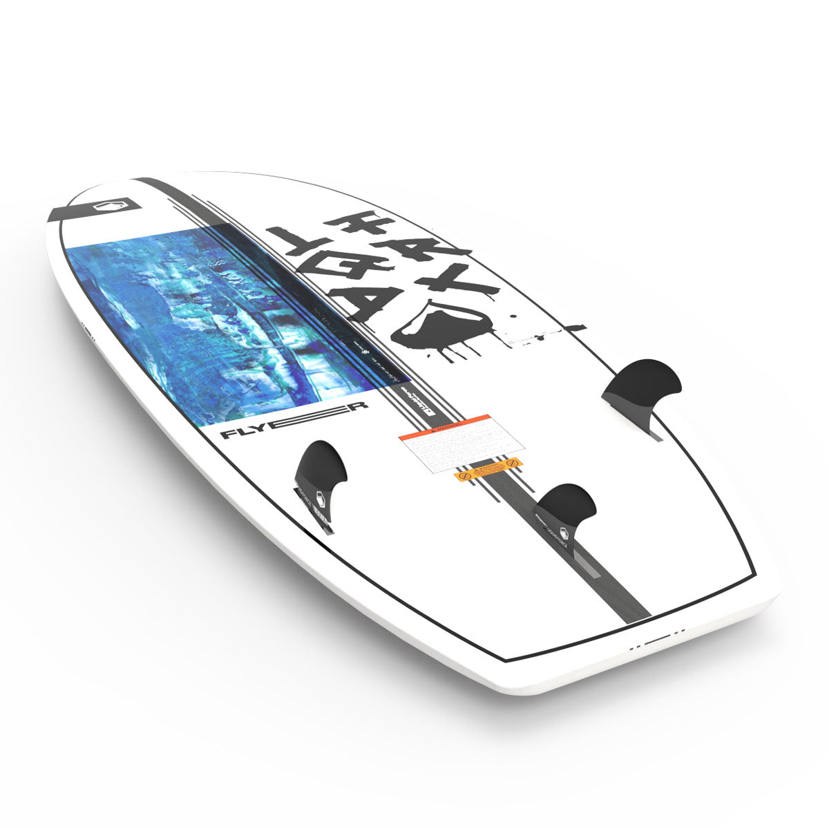 White wakesurf board with black design &amp; fins, perfect for wakesurfing.