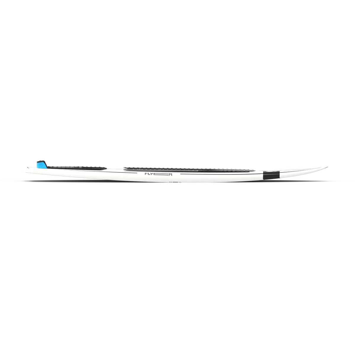 Side view of a white wakesurf board with black traction pads.