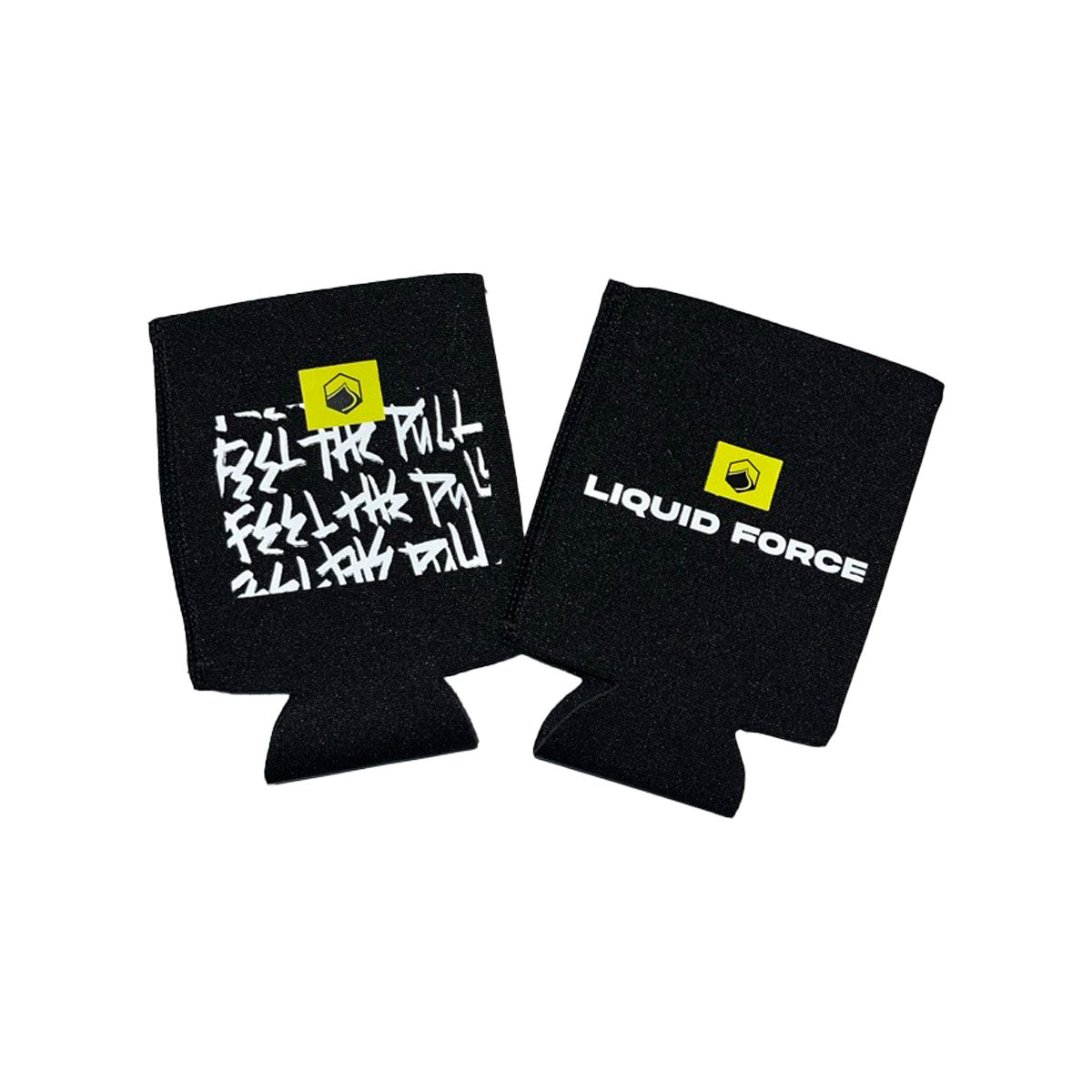 Two FTP Can Koozies: one with text saying FEEL THE PULL, the other says LIQUID FORCE with a yellow logo.