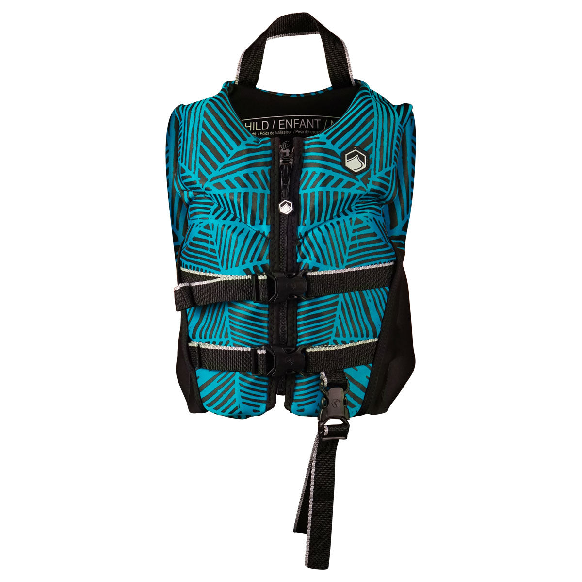 Front view of Fury Child CGA, blue/black life jacket with buckles and top handle.