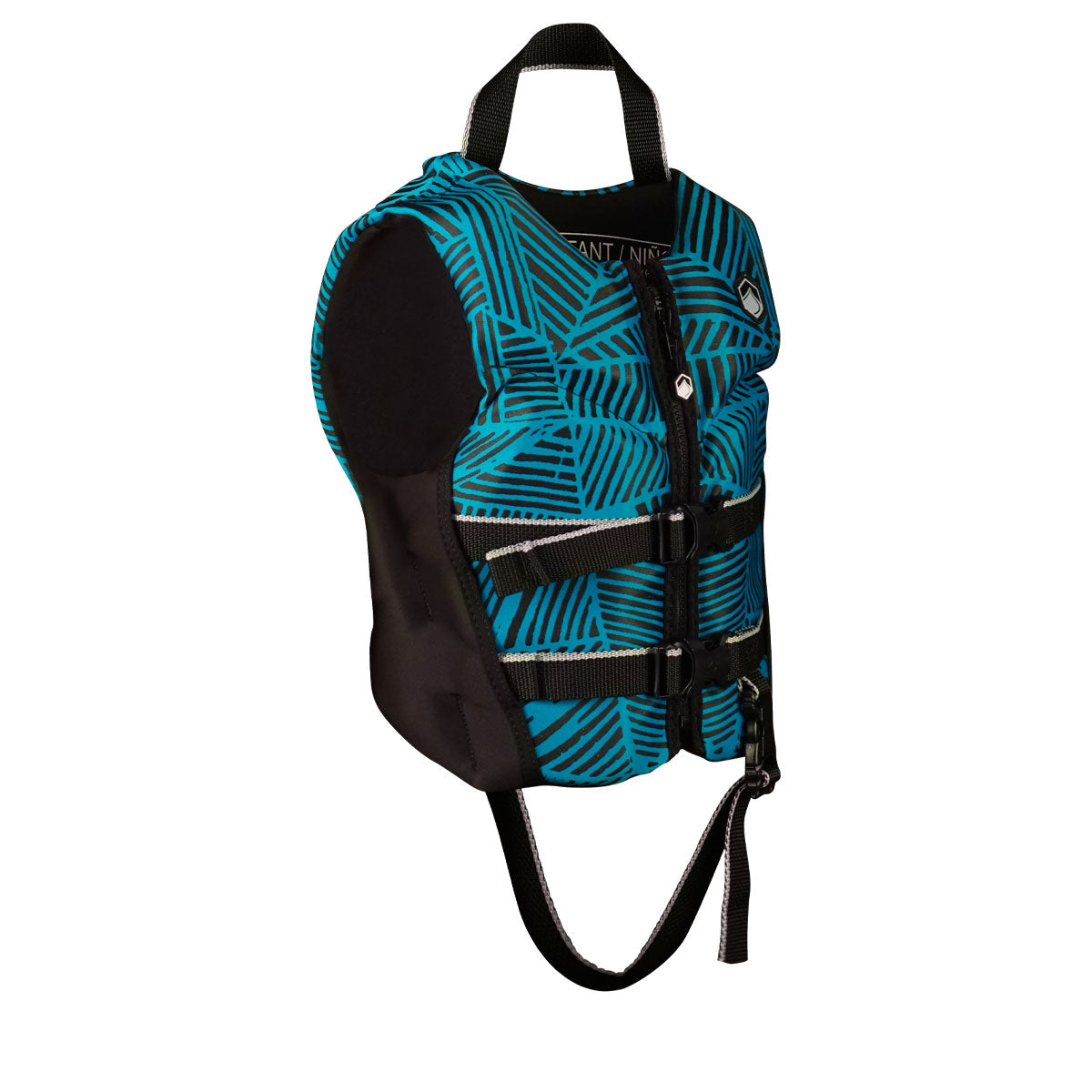 Front angled view of Fury Child CGA life jacket, blue with black straps and top handle.