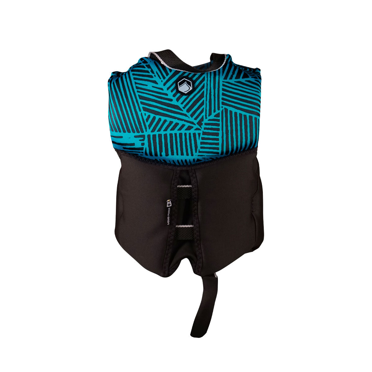 Rear view of Fury Child CGA jacket: black &amp; blue geometric with a front zipper.