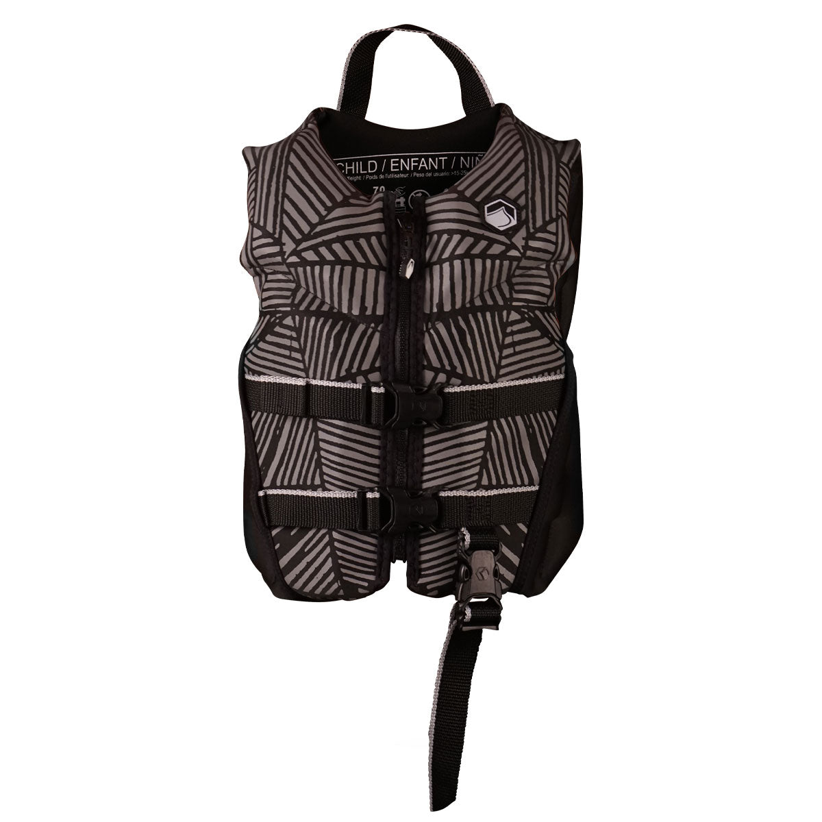 Front view of Fury Child CGA life jacket with a gray/black pattern, buckles, and adjustable straps.