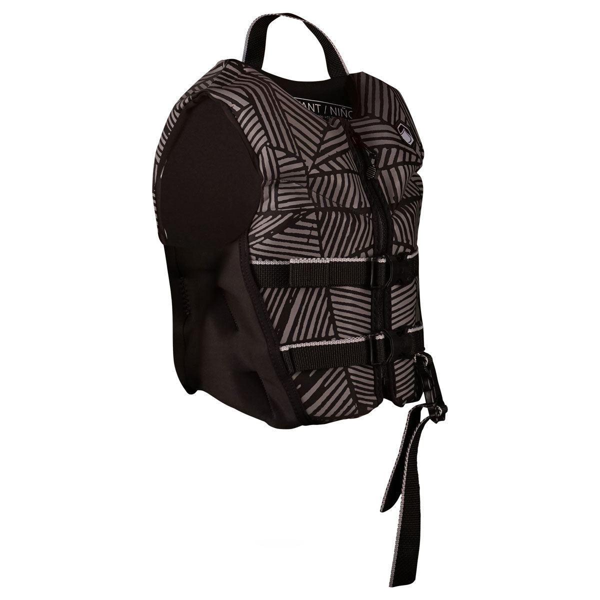Front angled view of Fury Child CGA life jacket in black/gray pattern with adjustable straps and a top handle.