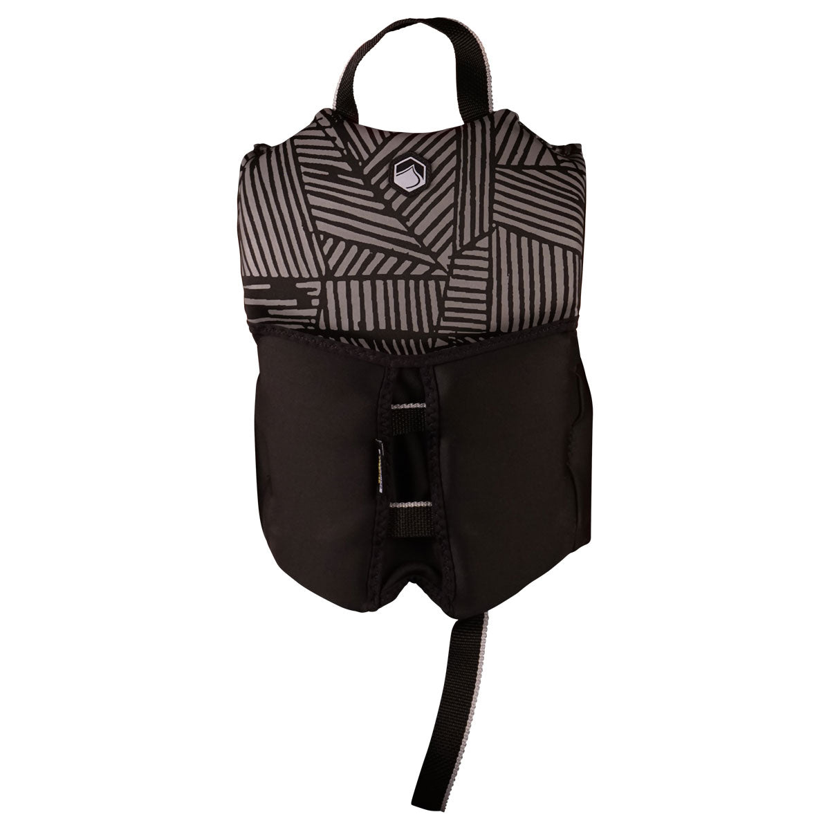 Rear view of Fury Child CGA life jacket for infants, black/gray with geometric patterns and top handle.