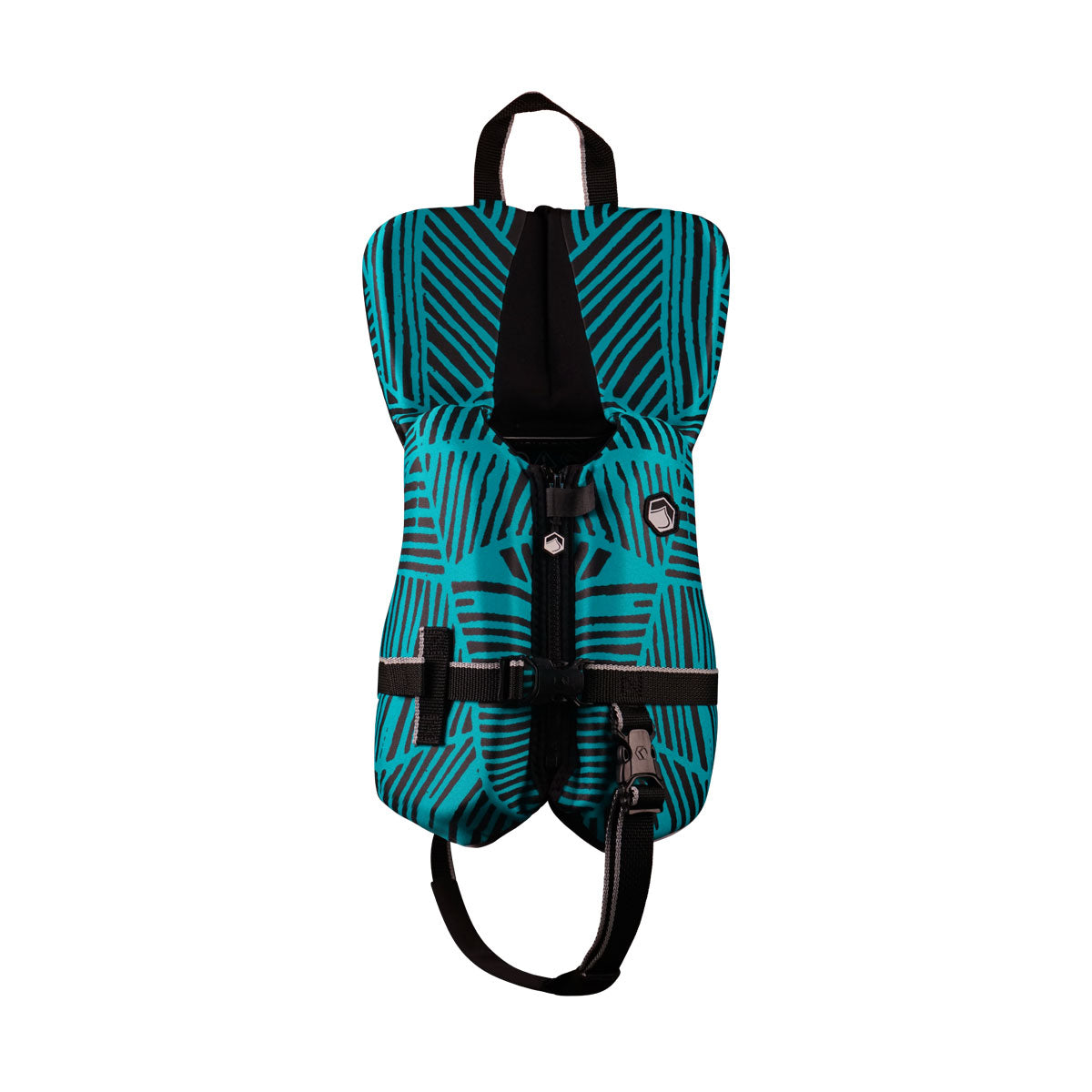 Front view of Fury Infant CGA, a turquoise patterned pet harness with black straps and a front clip.
