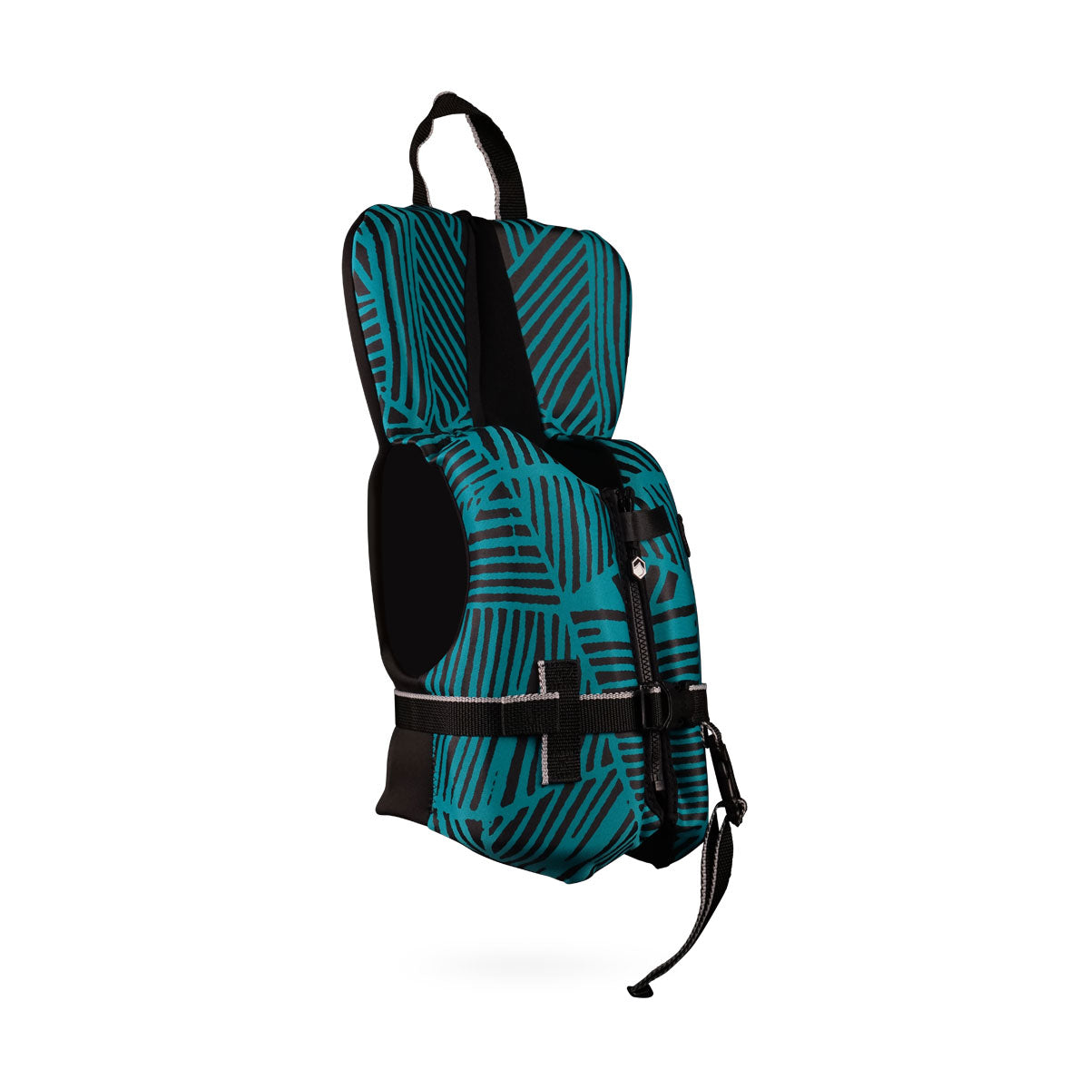 Front angled view of Fury Infant CGA teal/black striped dog life jacket with top handle.