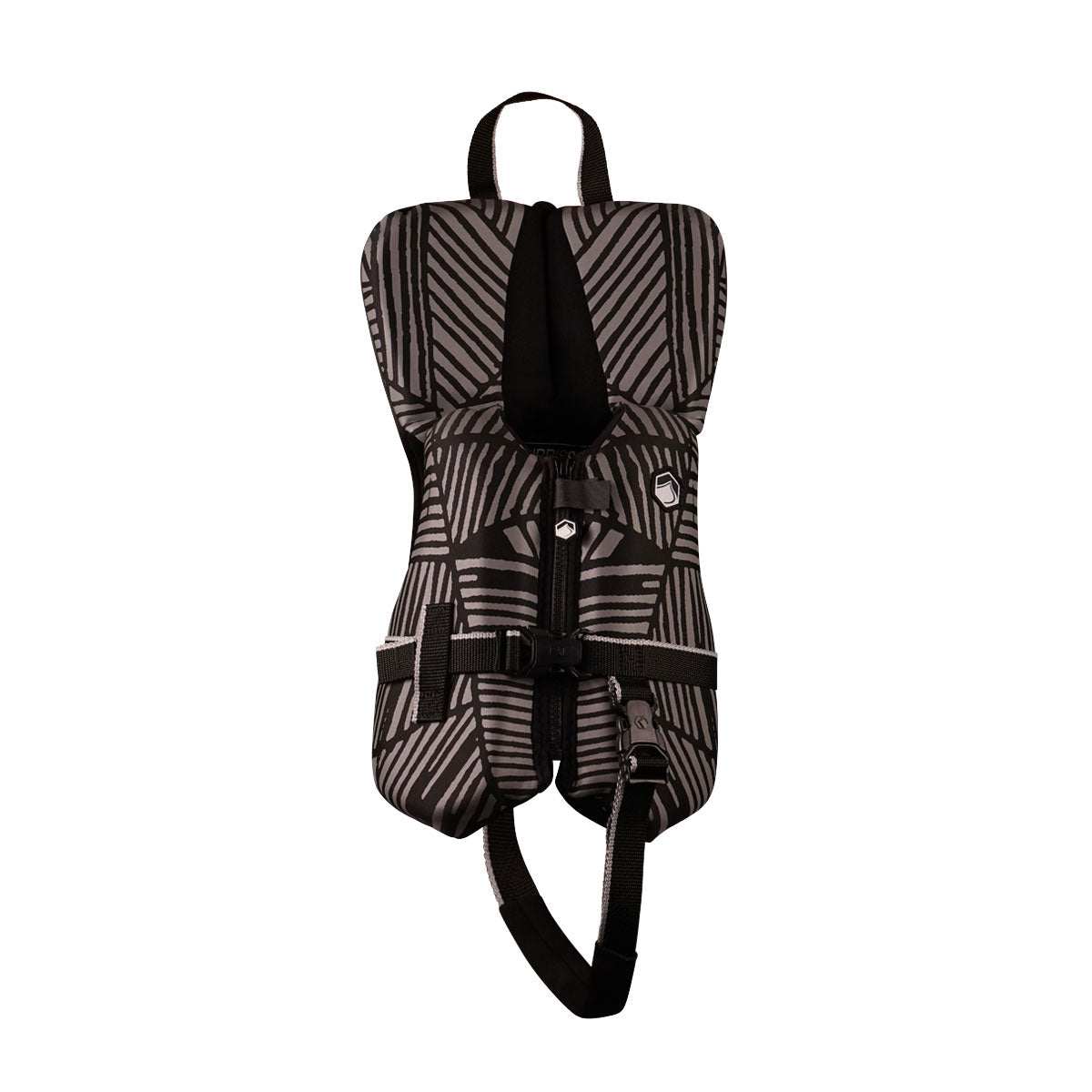 Front view of Fury Infant CGA: Patterned black/gray life jacket with safety straps and buckles.