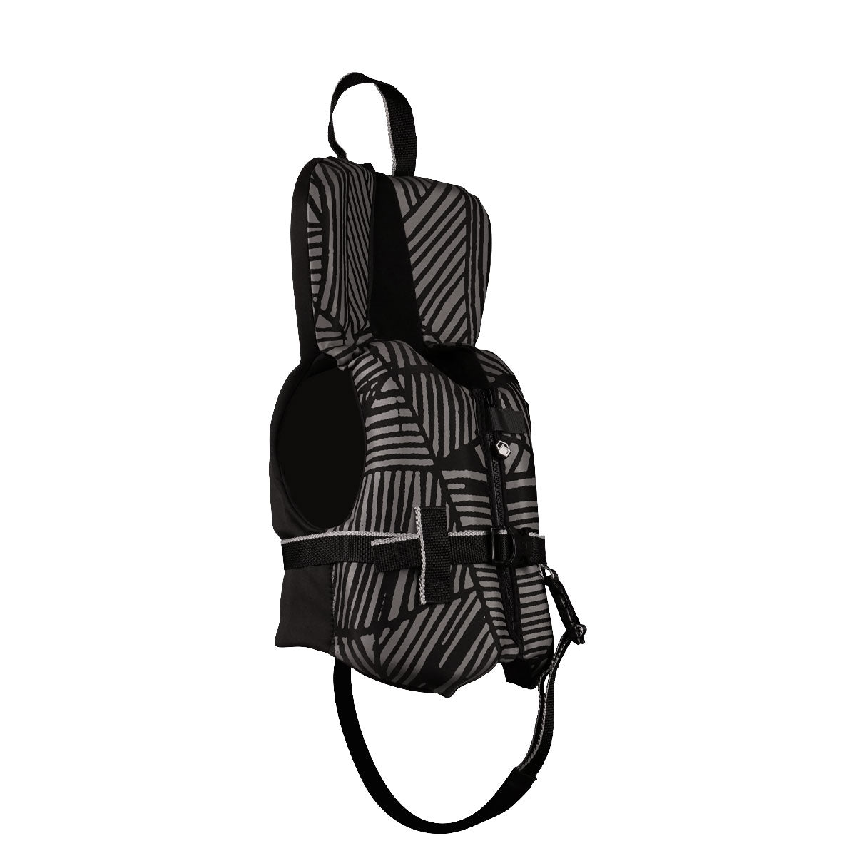 Front angled view of Fury Infant Coast Guard Approved Vest in black/gray colors, geometric design, adjustable straps.