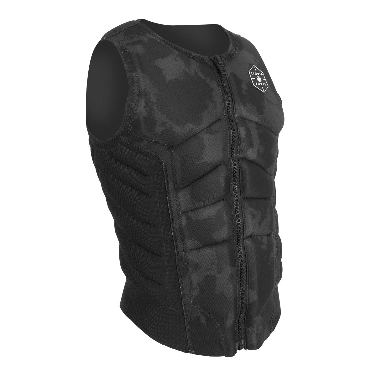 Front angled view of Ghost Comp vest featuring a front zipper and padded sections.