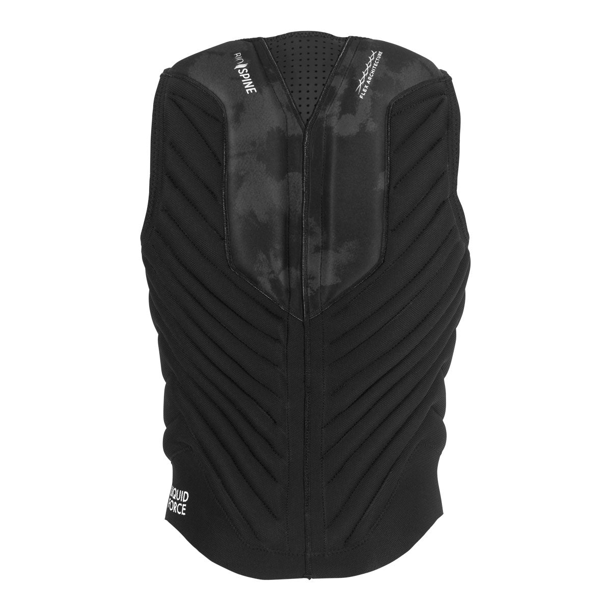 Rear view of Ghost Comp: Black padded vest with diagonal quilted pattern on back.