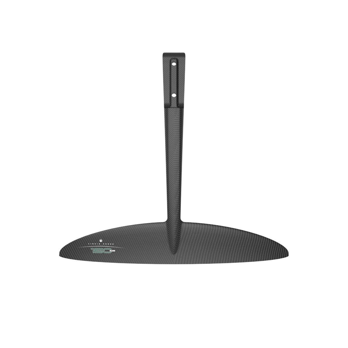 Top view, looking down, on a black hydrofoil FuseLock tail wing against a white background.