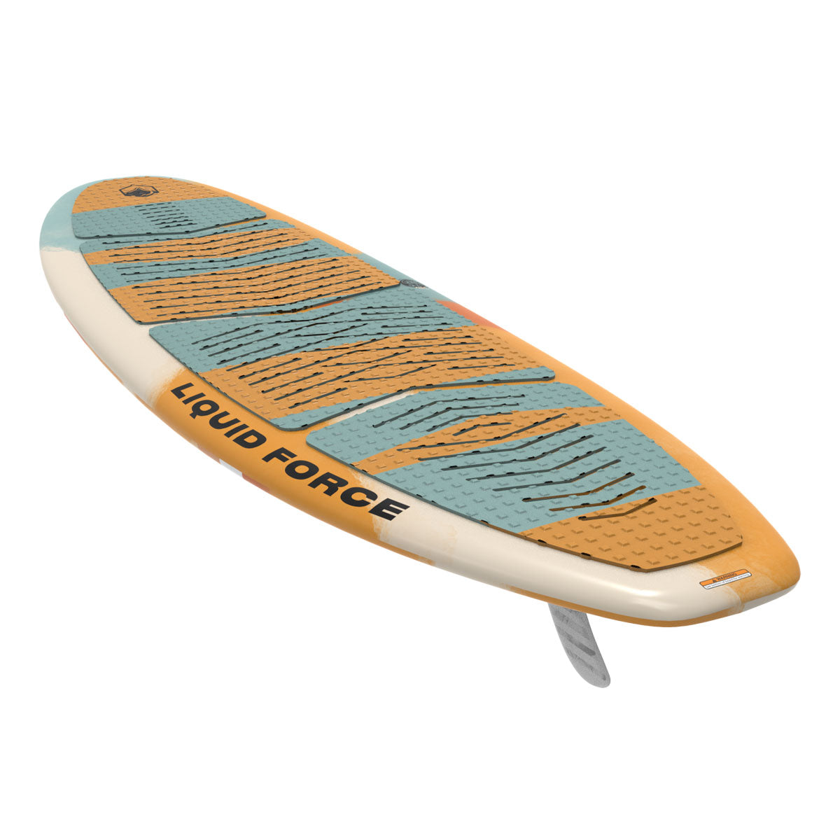 Top and bottom view of Liquid Force wakesurf board feature an abstract orange, blue, and white design.