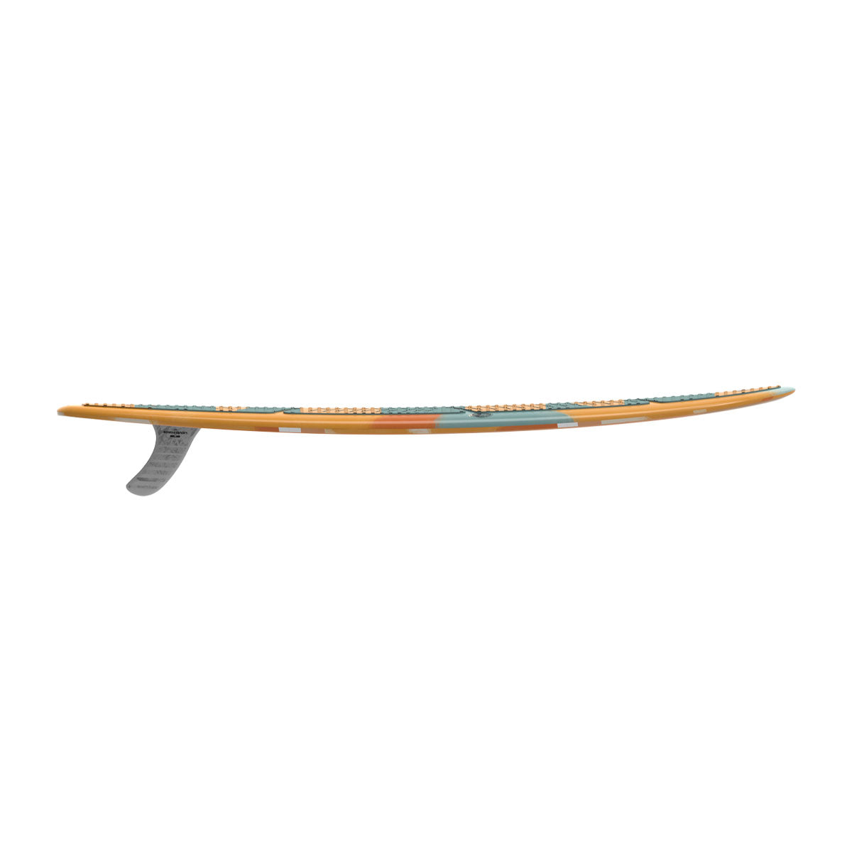 Liquid Force striped longboard surfboard with single fin.