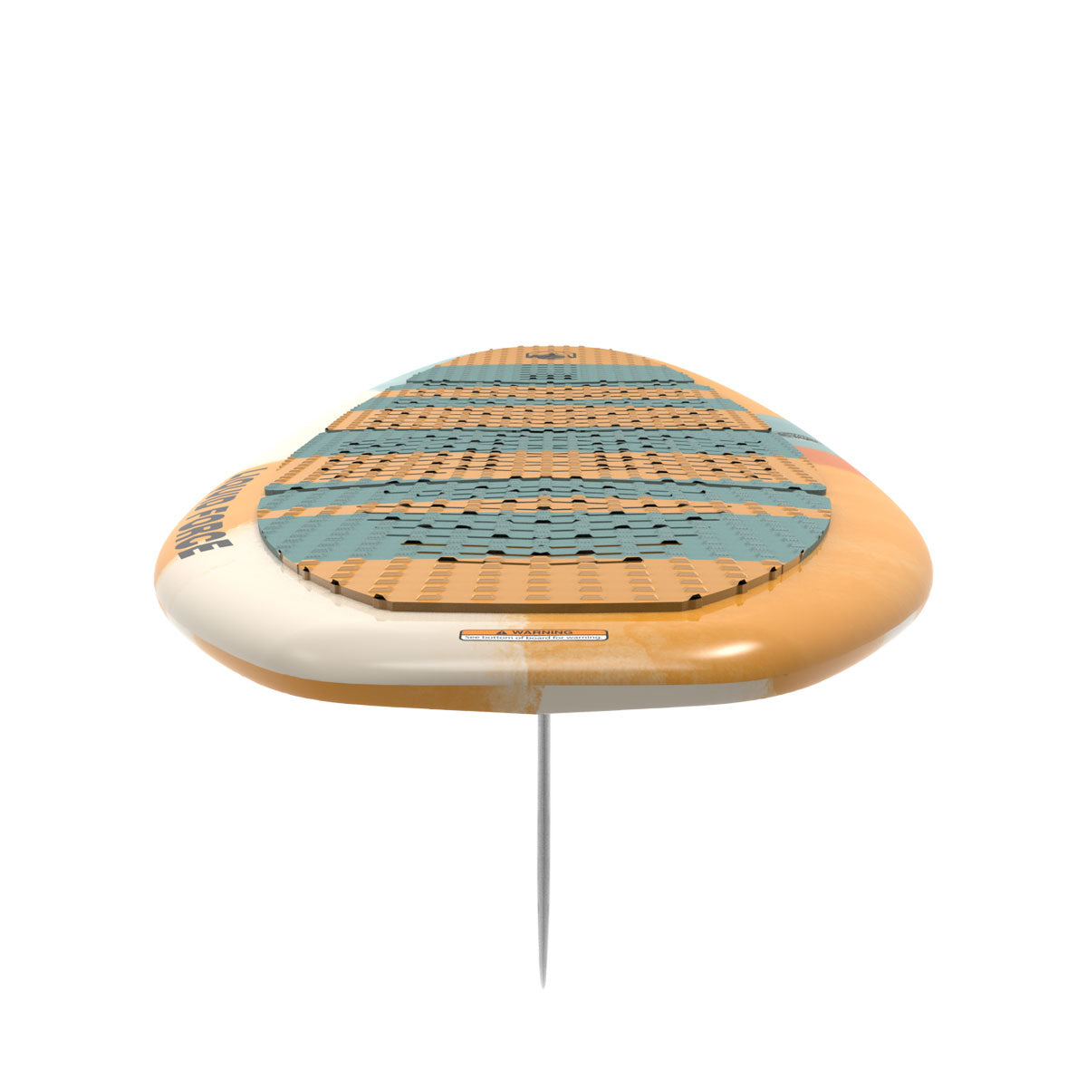 Bottom view of a colorful Liquid Force wakesurfer with a single fin.