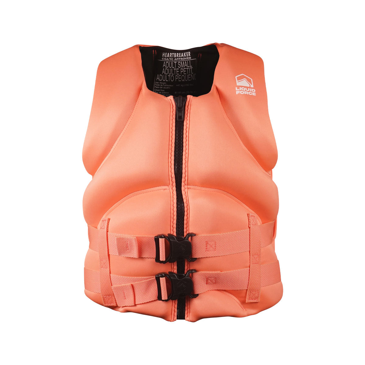 Front view of Womens Heartbreaker CGA life jacket with black buckles and zipper.