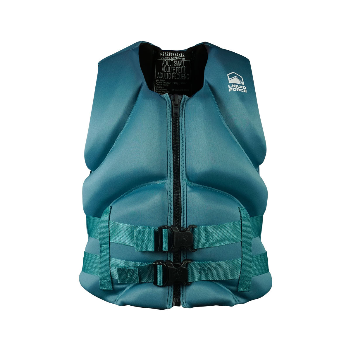 Front view of Womens Heartbreaker CGA in teal with front zip and adjustable buckle straps.