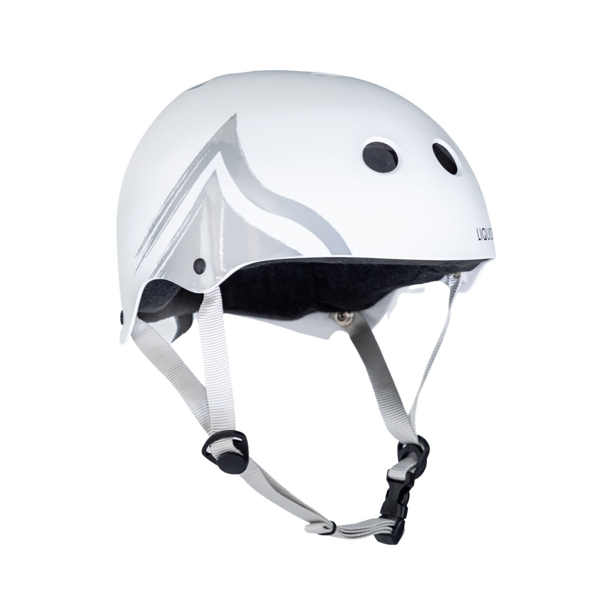 White Hero Helmet with gray straps, black inner padding, vents, and a Sweat Saver liner inside.