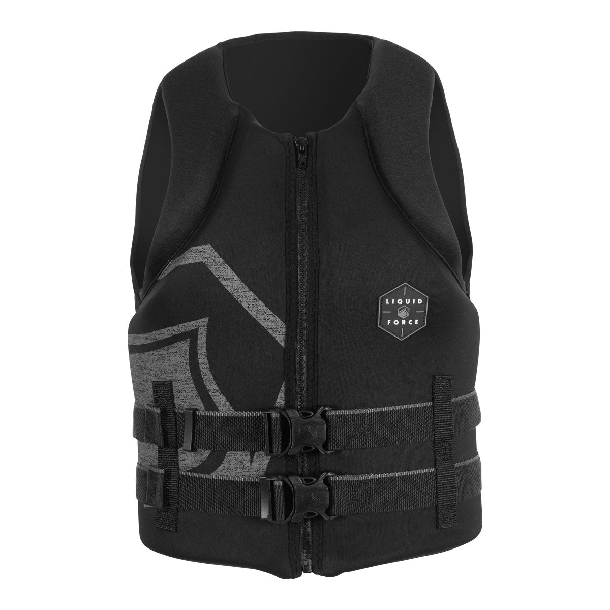 Front view of Hinge CGA life jacket with front zipper and buckle straps.