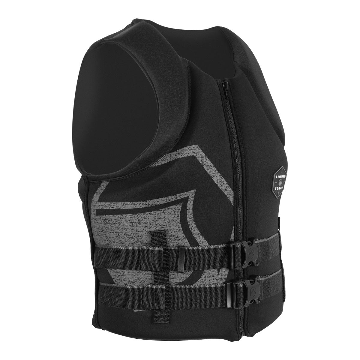 Front angled view of Hinge CGA life jacket, black/gray, with front zipper &amp; buckle straps.