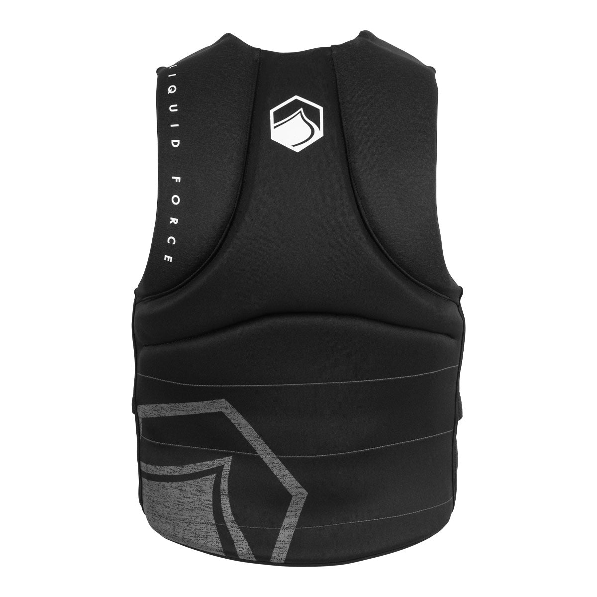 Rear view of Black Hinge CGA gear with white logo and LIQUID FORCE text, back view.