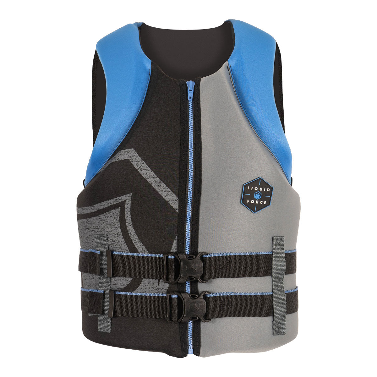 Front view of Hinge CGA life jacket in blue/gray with a front zipper and two clip straps.