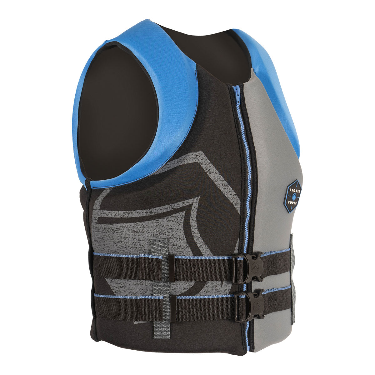 Front angled view of Hinge CGA life jacket, blue/gray with black straps &amp; logo on the side.