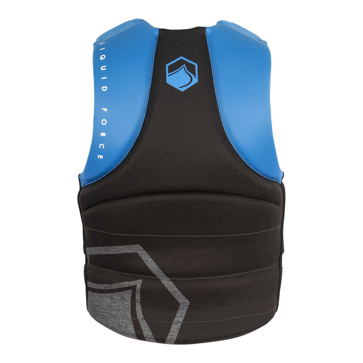 Rear view of Hinge CGA life jacket in blue/black with geometric design and back logo.