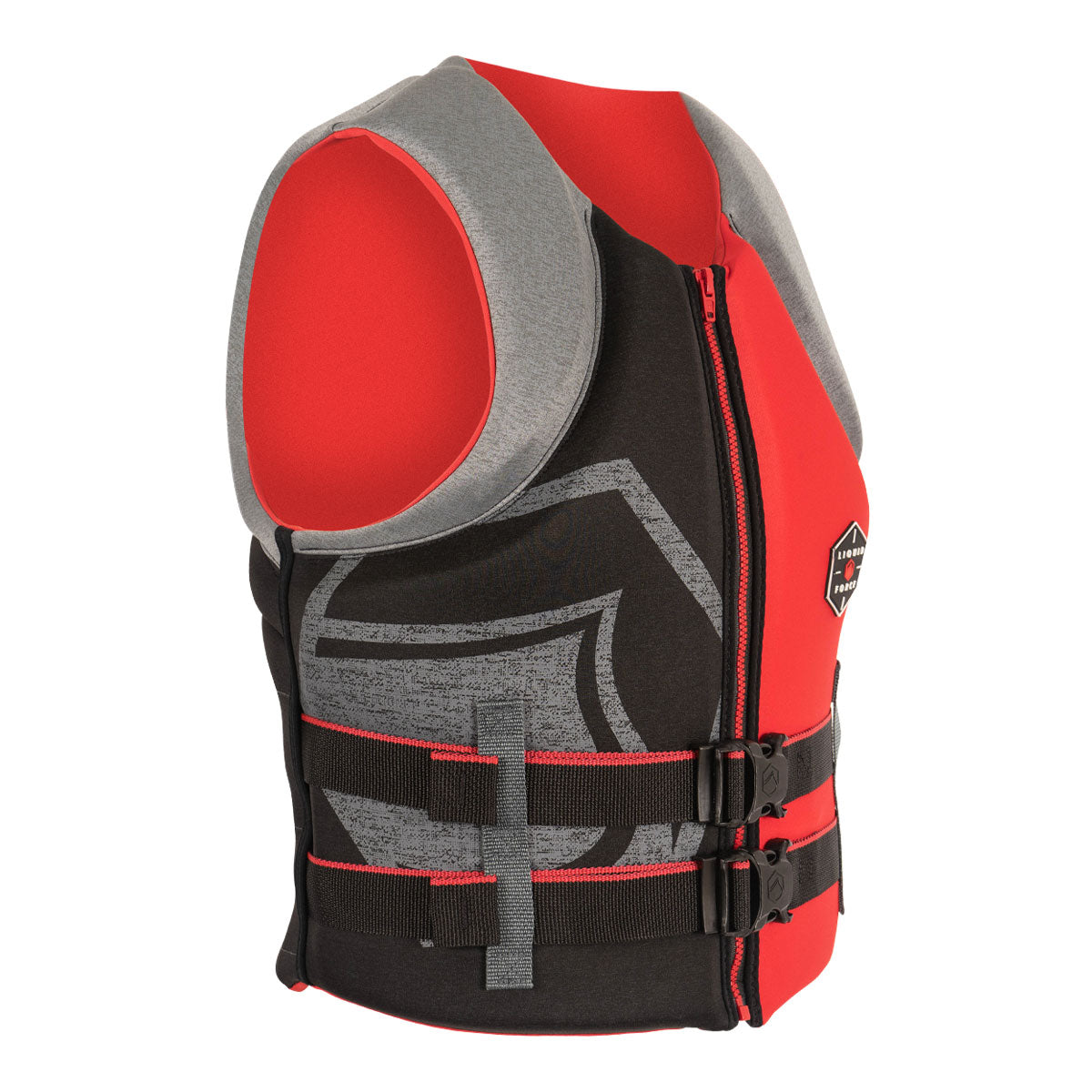 Front angled view of Hinge CGA Life Jacket, red/black, features two front buckles and a zipper closure.