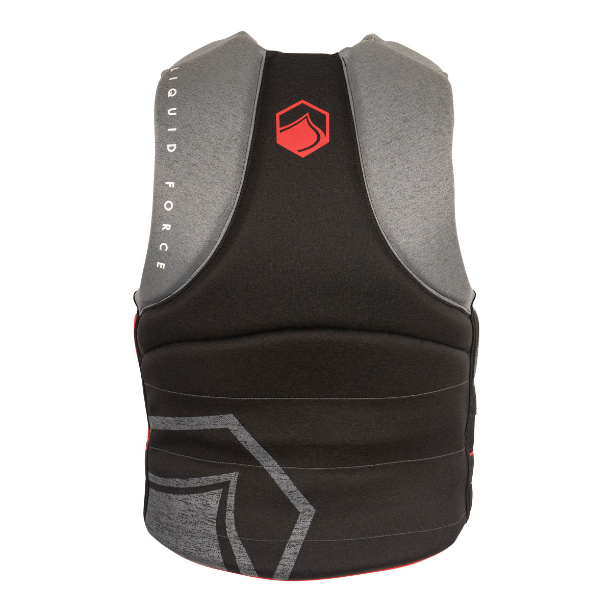 Rear view of Hinge CGA life jacket with red and gray accents, back view.