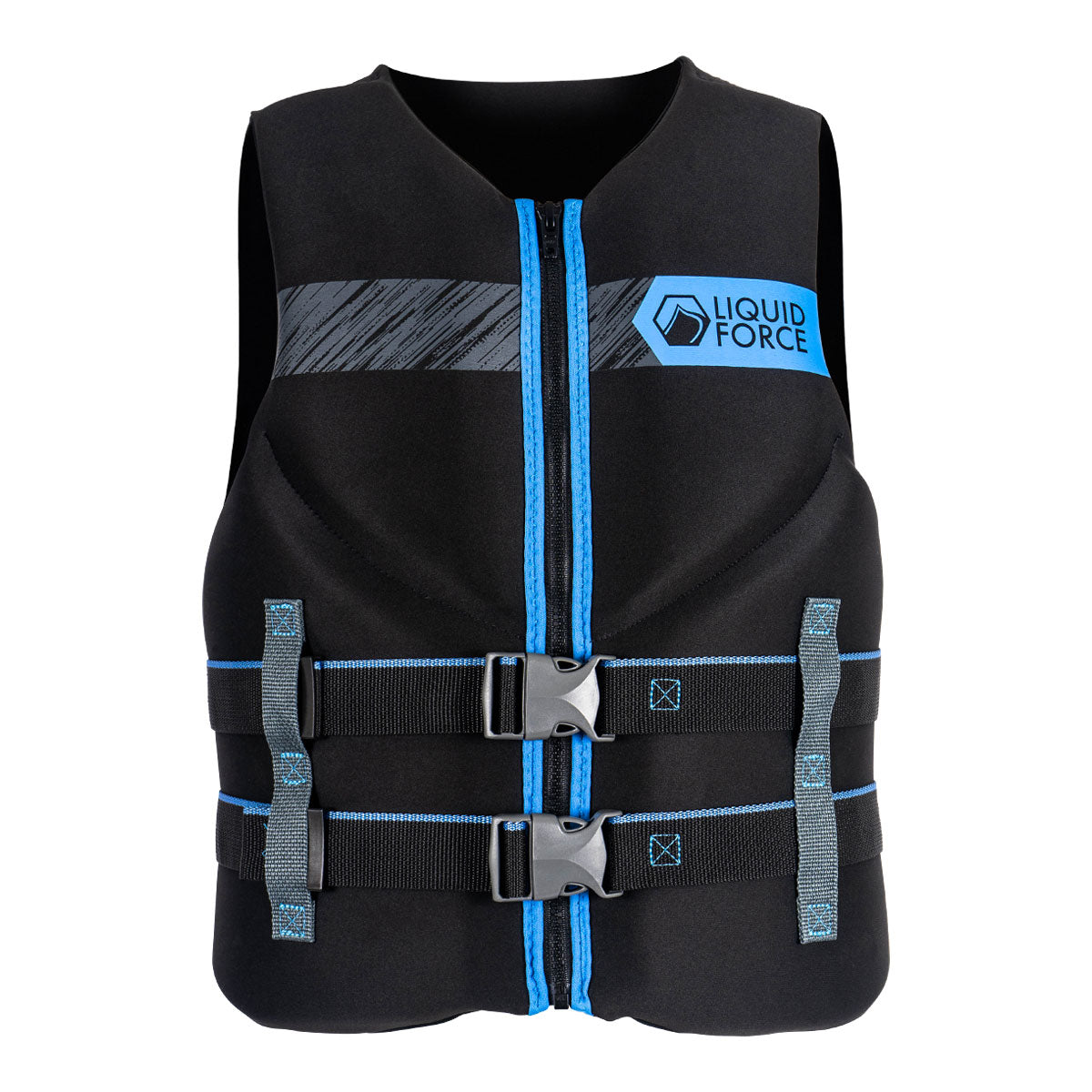 Front view of Classic Hinge CGA with two buckle straps and Liquid Force logo in black and blue.