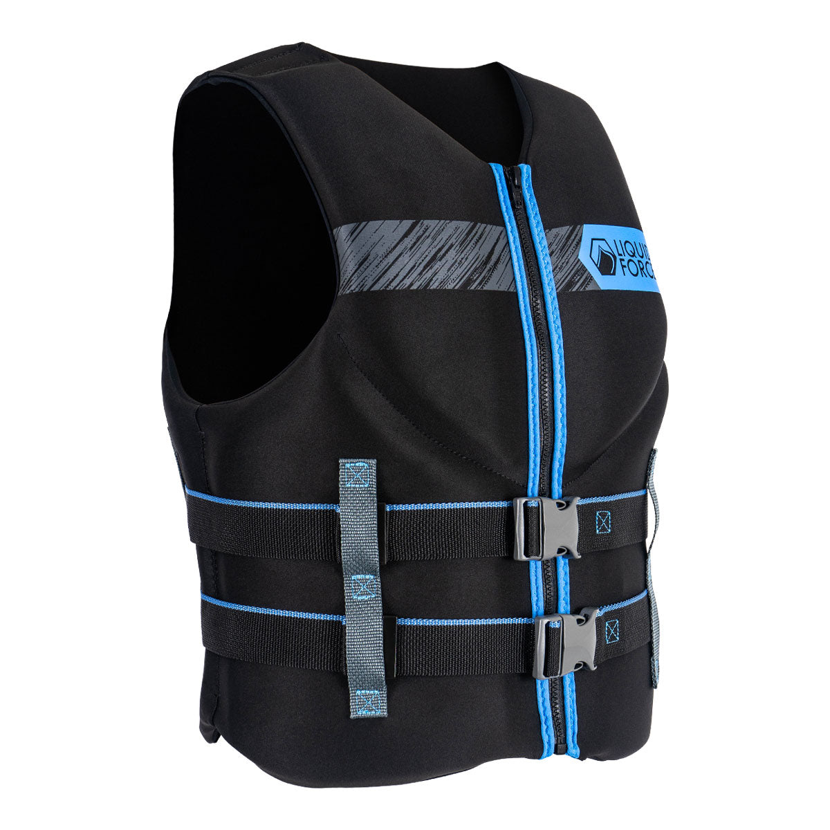 Front angled view of Classic Hinge CGA life jacket, blue accents, two front buckles.