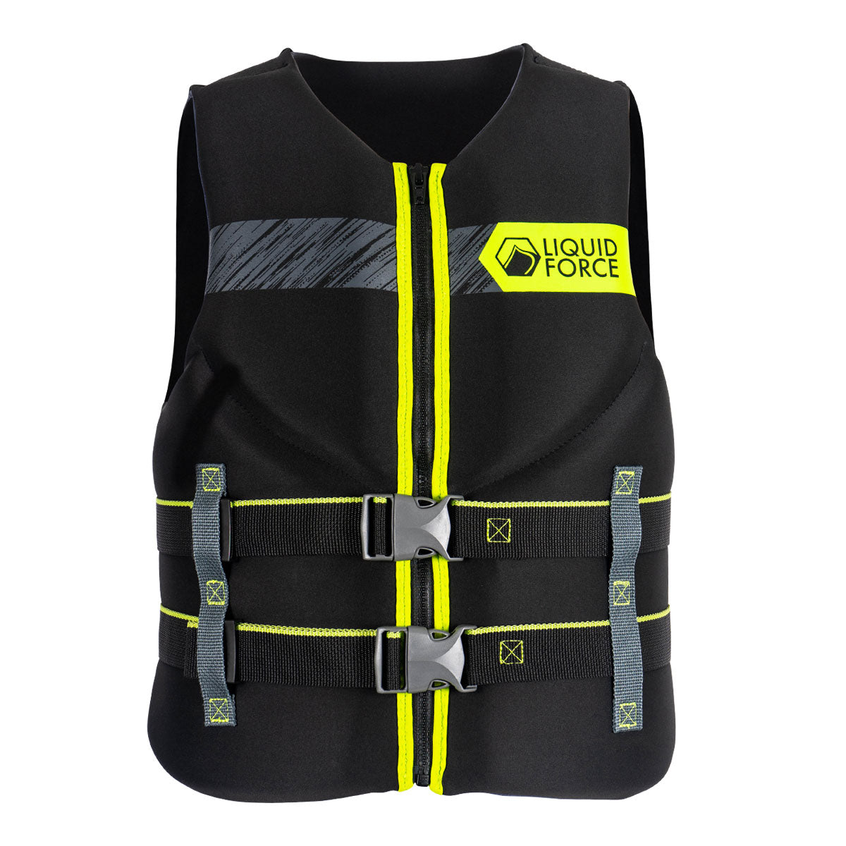 Front view of Black and yellow Classic Hinge CGA Life Jacket with dual buckles and Liquid Force logo.