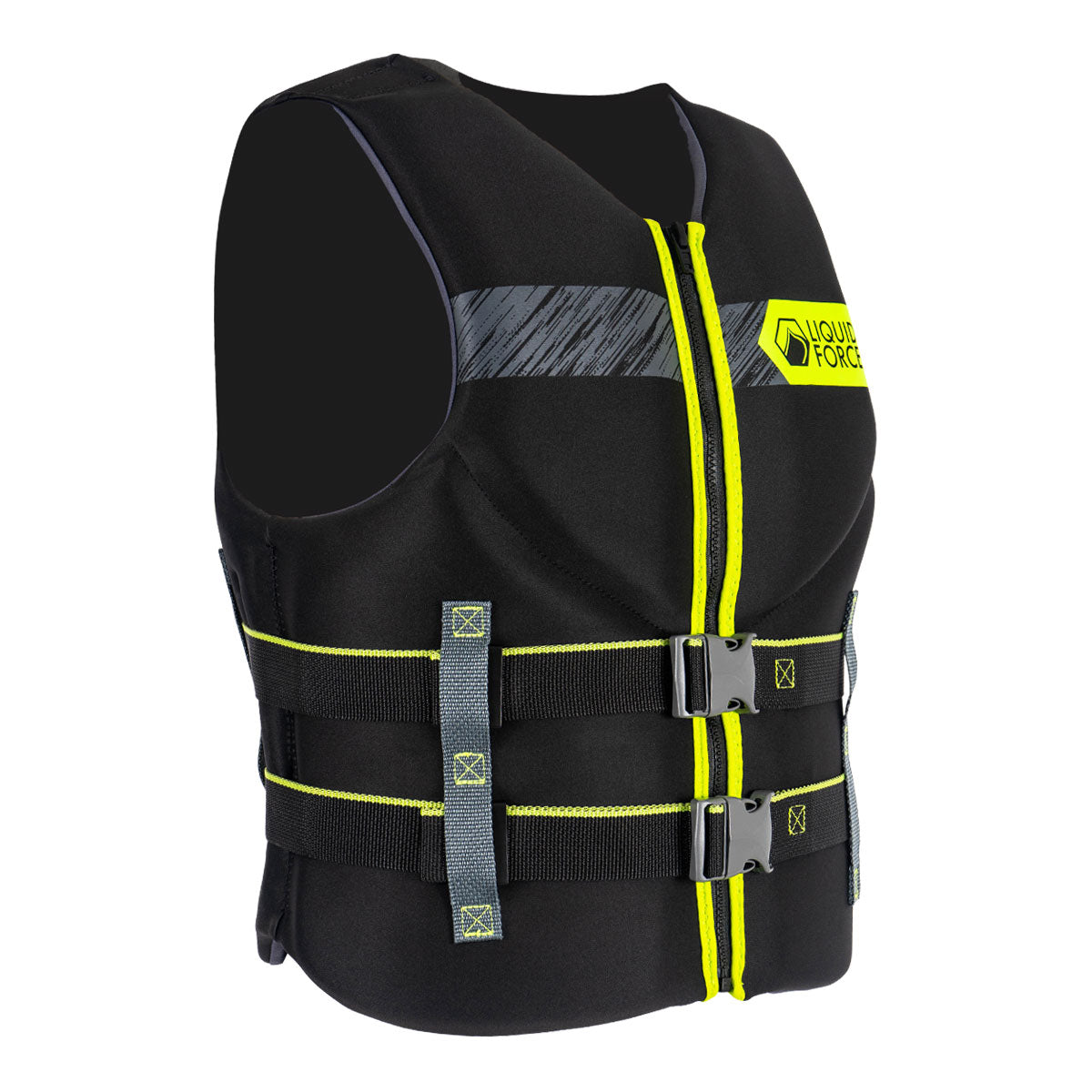Front view of Black and yellow Classic Hinge CGA Life Jacket with dual buckles and Liquid Force logo.