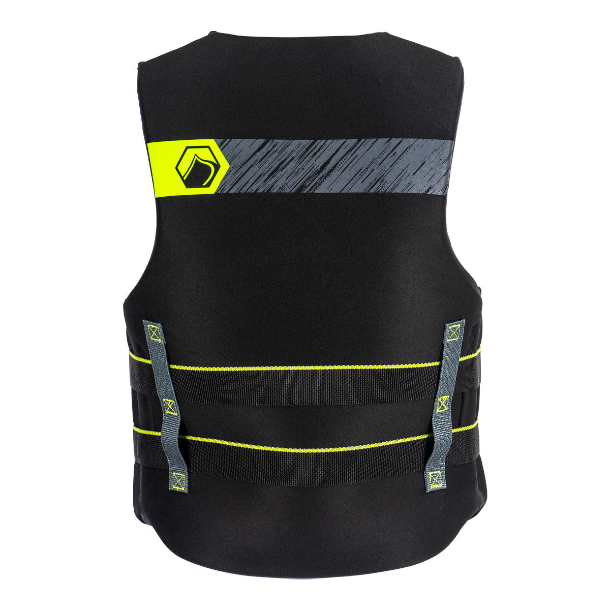 Rear view of Classic Hinge CGA jacket with neon accents and adjustable straps.