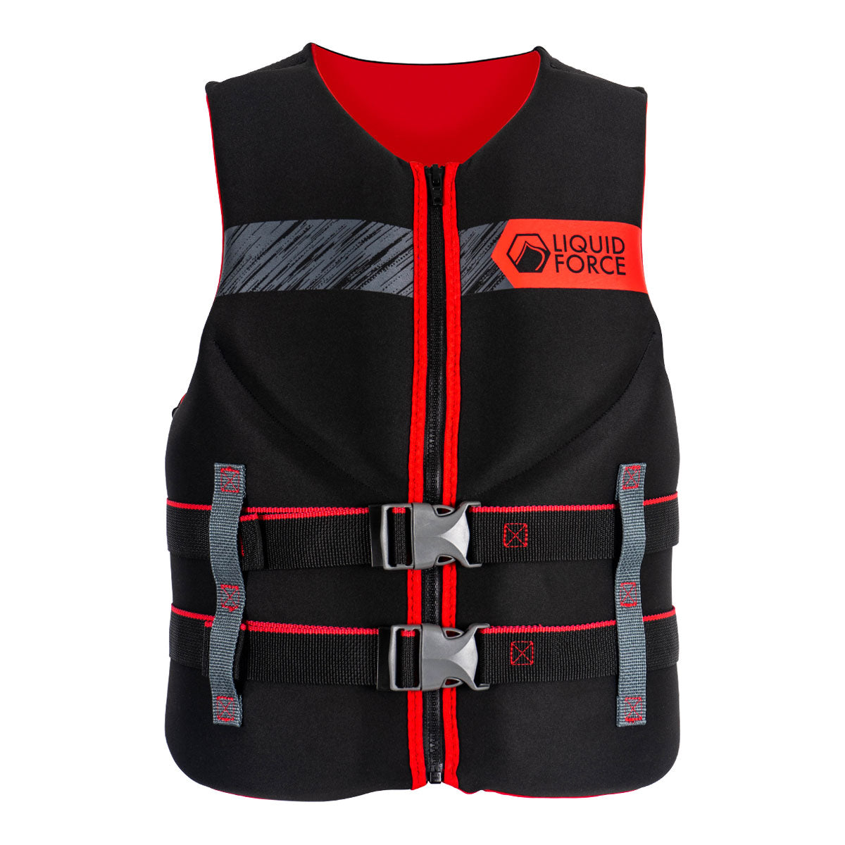 Front view of Classic Hinge CGA Life Jacket in black/red, two buckles, Liquid Force chest logo.